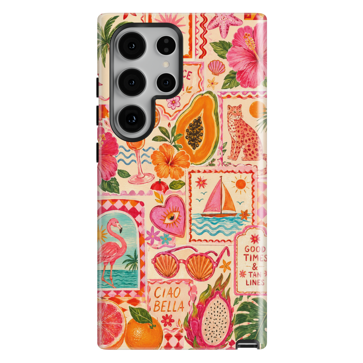 Pink tropical Samsung Galaxy S26 Ultra phone case with beach-inspired collage art, flamingos, fruits, flowers, and vacation vibes.