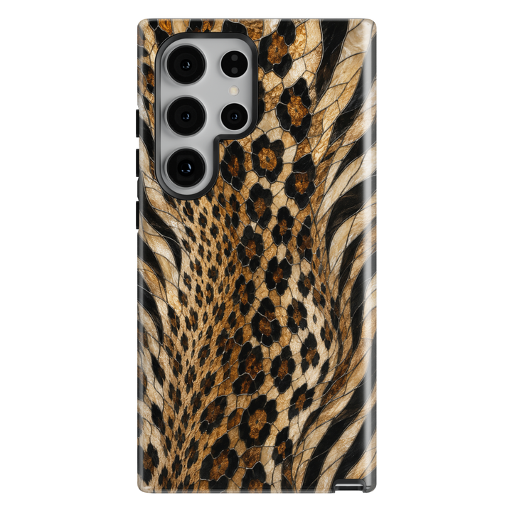 Golden Wild Samsung Galaxy case featuring leopard and zebra animal print in black, caramel, cream and golden brown mosaic-inspired details.