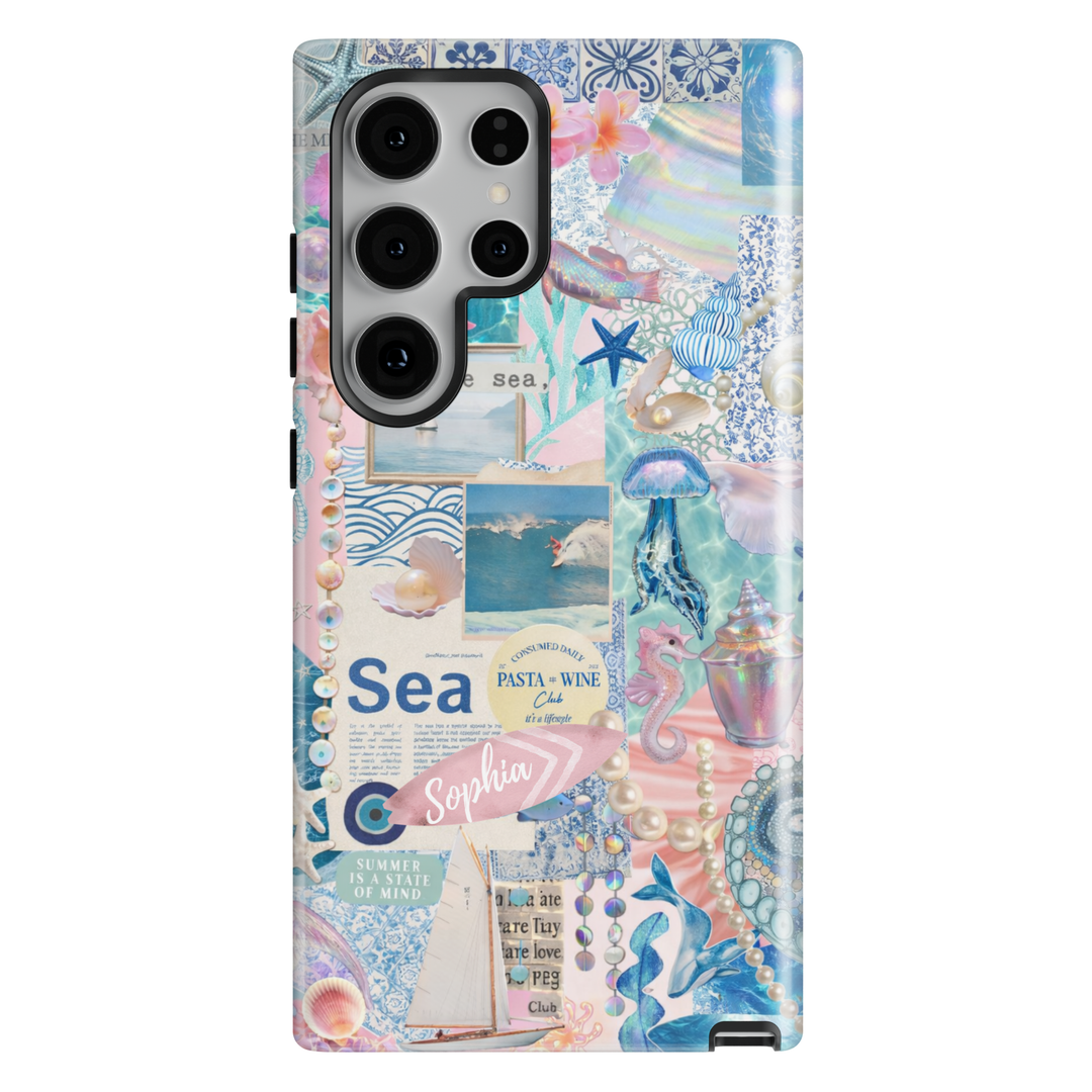 Ocean aesthetic phone case with seashells, pearls, and beach collage design for iPhone 17 Pro Max and Samsung Galaxy S26 Ultra.