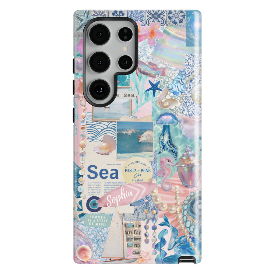 Ocean aesthetic phone case with seashells, pearls, and beach collage design for iPhone 17 Pro Max and Samsung Galaxy S26 Ultra.