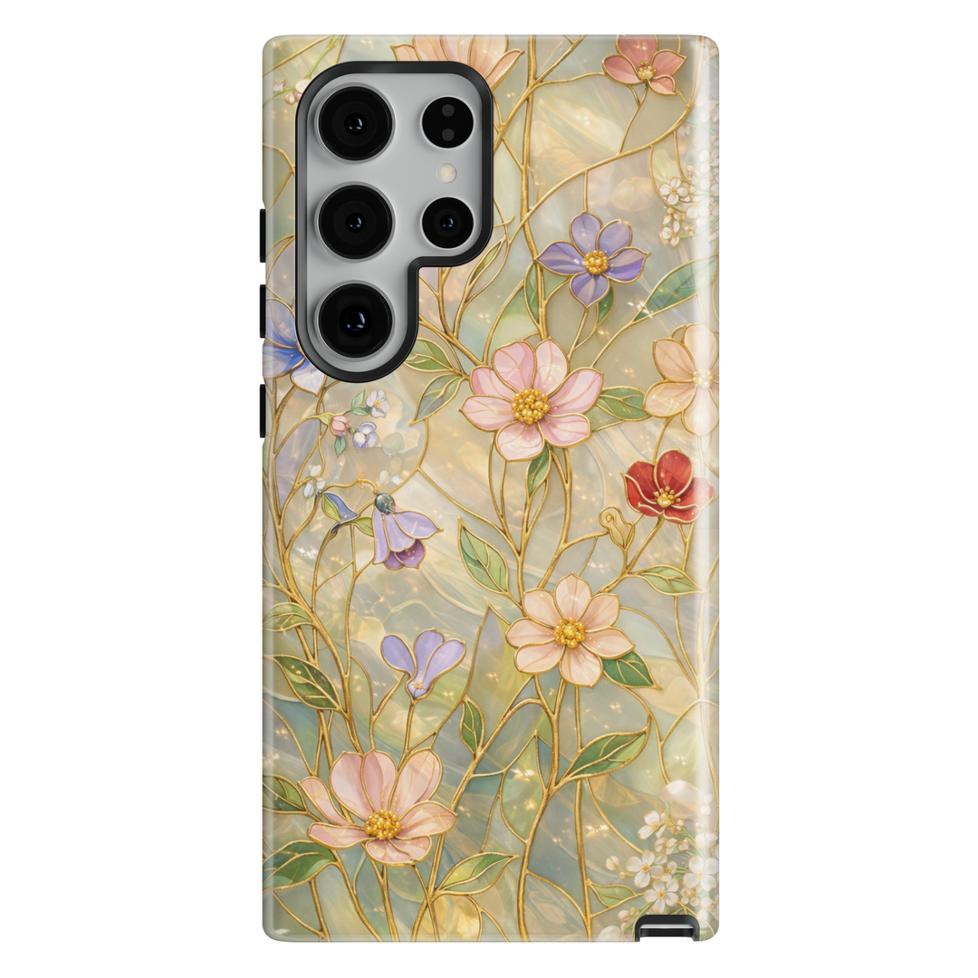 Luxury gold floral phone case with soft pastel flowers aesthetic tough cover for iPhone 16 Pro Max and Samsung Galaxy S25 Ultra