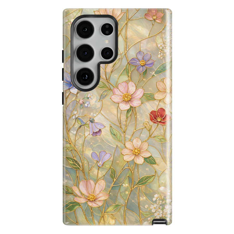 Luxury gold floral phone case with soft pastel flowers aesthetic tough cover for iPhone 16 Pro Max and Samsung Galaxy S25 Ultra