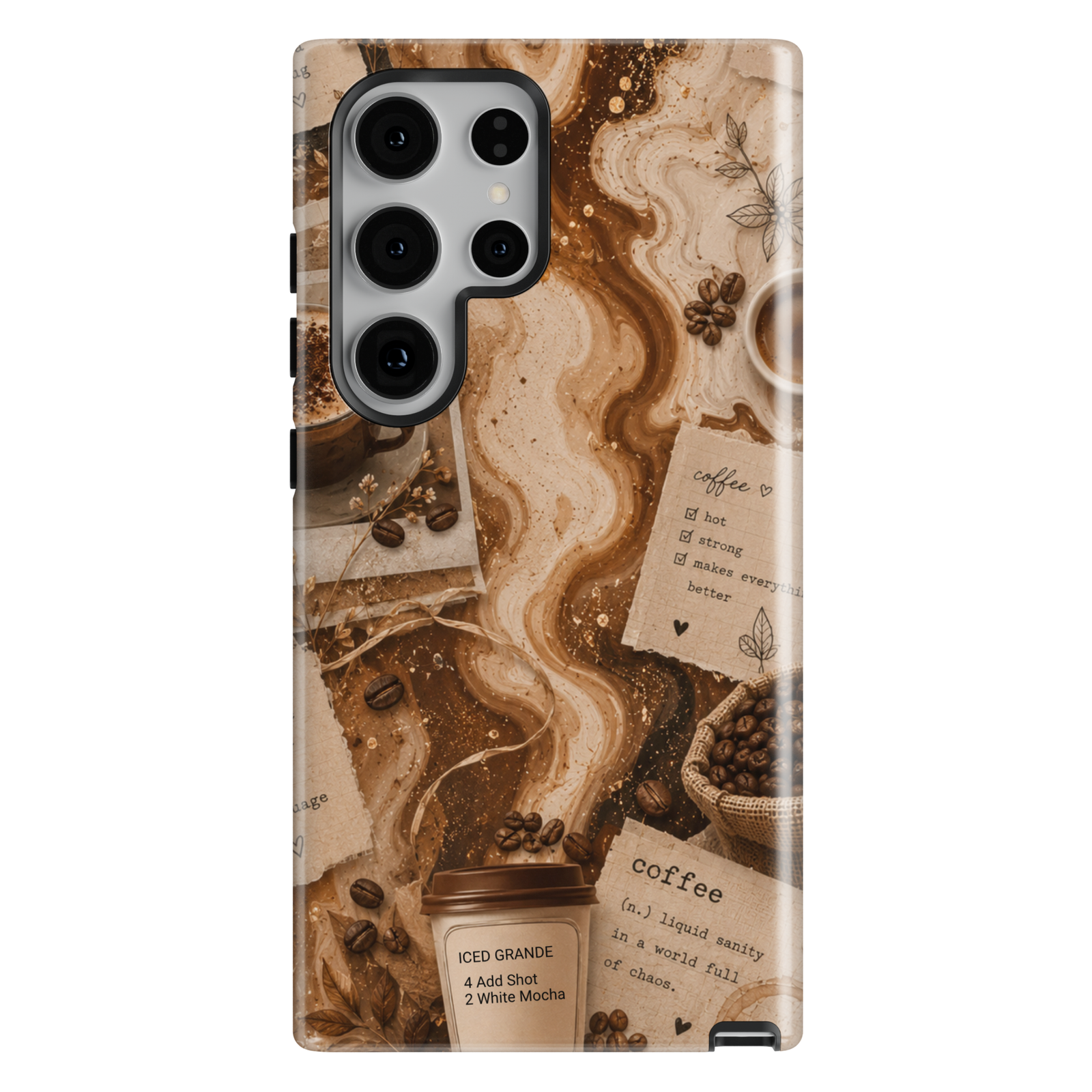 Custom coffee Samsung Galaxy S26 Ultra phone case with personalized drink order, coffee beans, vintage cafe notes, and neutral coffee artwork.