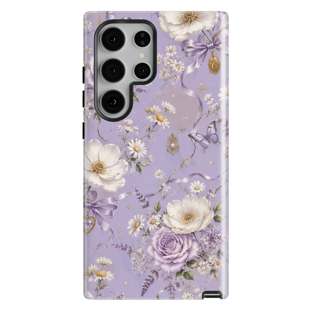 Lavender Reverie Samsung Galaxy case featuring lavender and white flowers, purple butterflies, bows and vintage heart charms.