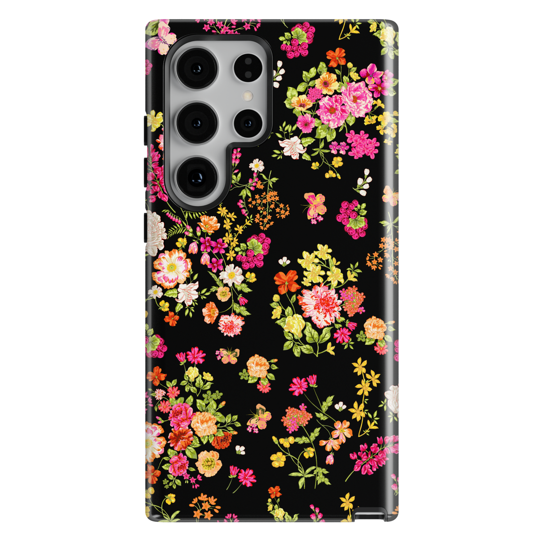 Black floral wildflower Samsung Galaxy S26 case with colorful botanical flower pattern aesthetic protective tough case for Samsung Galaxy S26 Ultra, Galaxy S26 Plus, Galaxy S25 Ultra, Galaxy S25 Plus garden flower phone cover