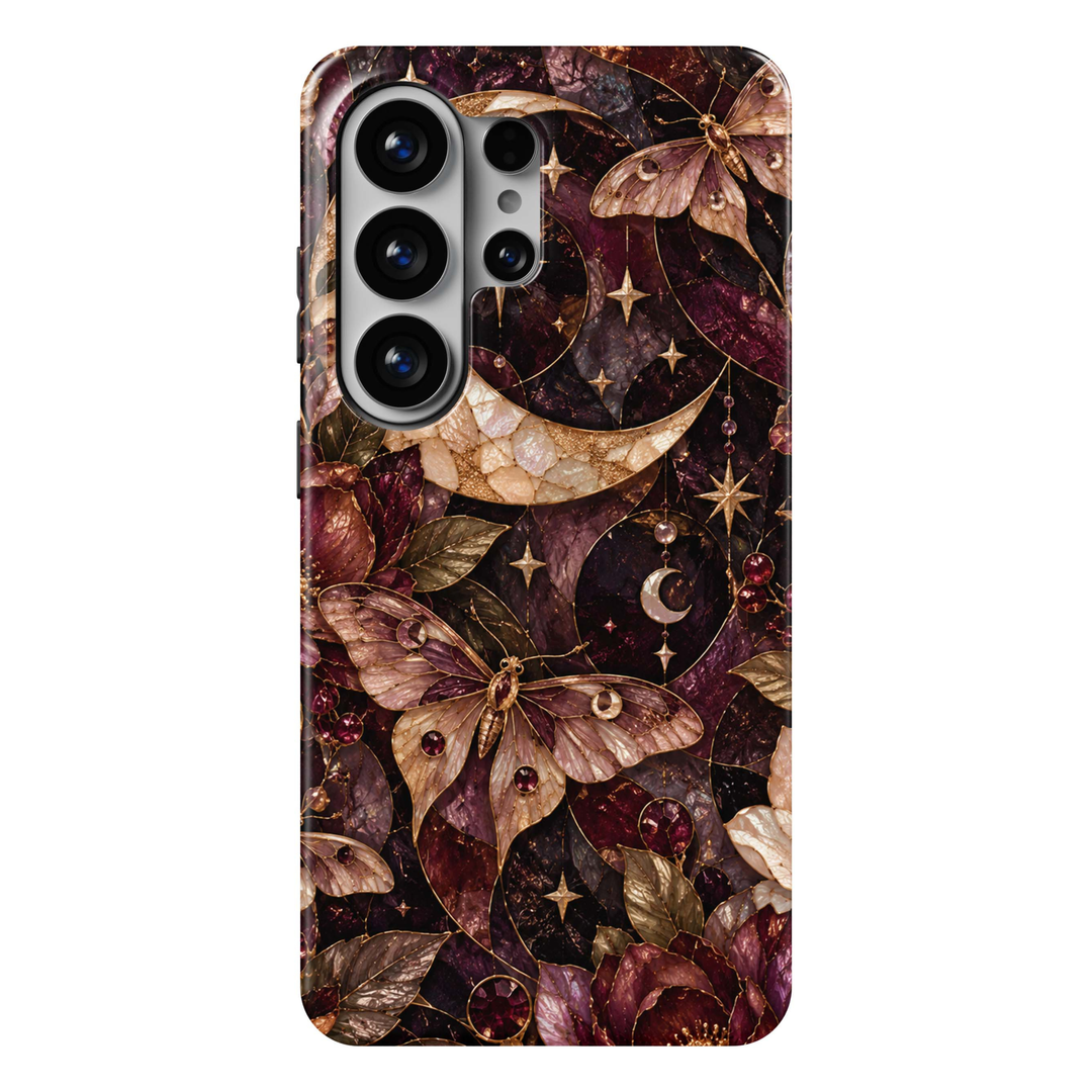 Midnight Moth Samsung Galaxy S26 Ultra case featuring jeweled celestial moths, crescent moons, stars and botanical details in burgundy, plum, champagne and antique gold, a luxurious stained-glass-inspired tough Samsung Galaxy phone case