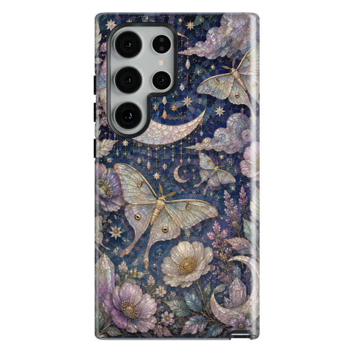 Samsung Galaxy phone case featuring luna moths, crescent moons, stars, flowers, crystals, and botanical elements on a deep blue stained-glass mosaic background.