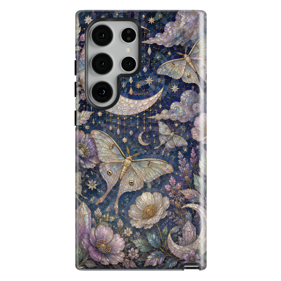 Samsung Galaxy phone case featuring luna moths, crescent moons, stars, flowers, crystals, and botanical elements on a deep blue stained-glass mosaic background.
