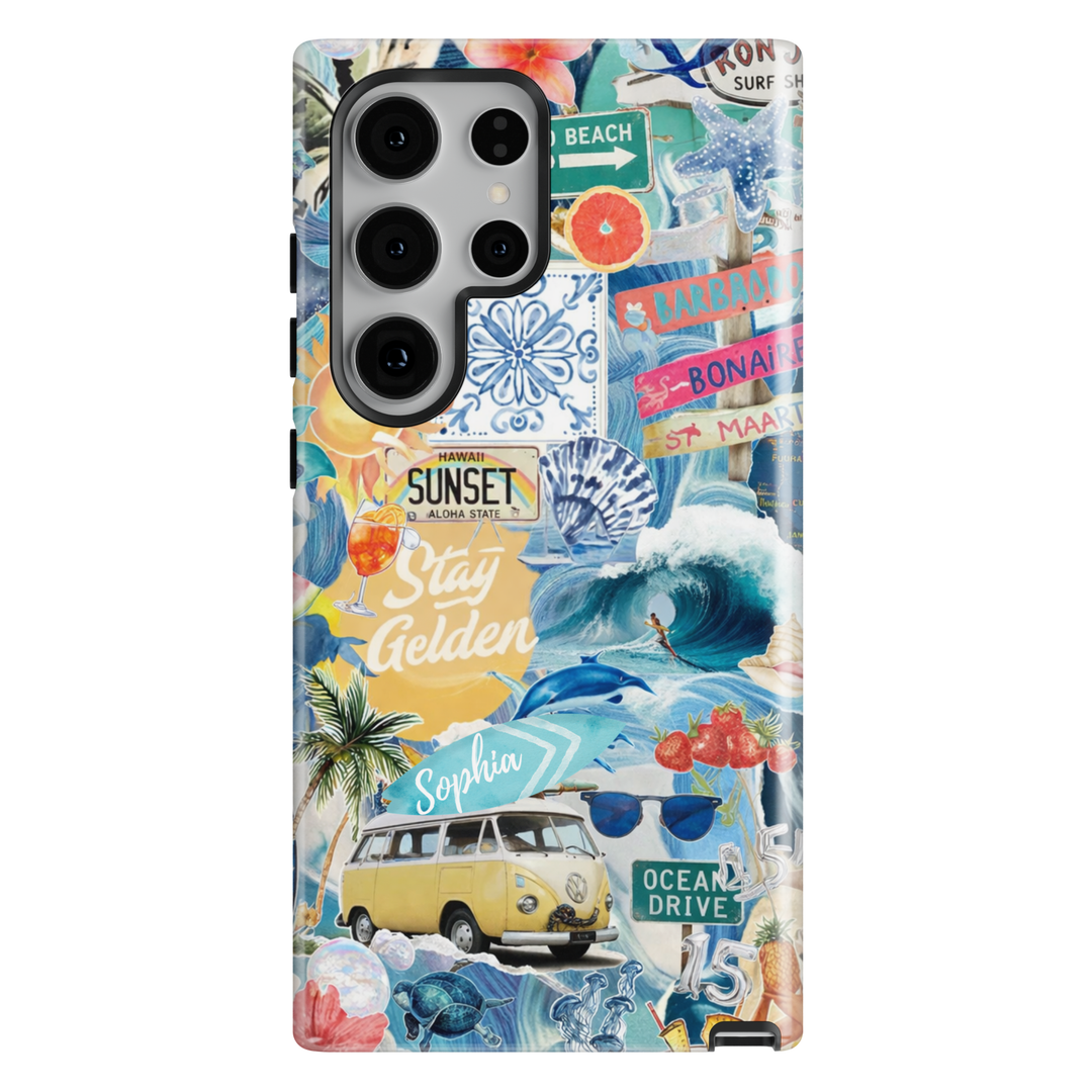 Summer beach collage phone case with ocean waves, sunset, and tropical aesthetic for iPhone 17 Pro Max and Samsung Galaxy S26 Ultra.