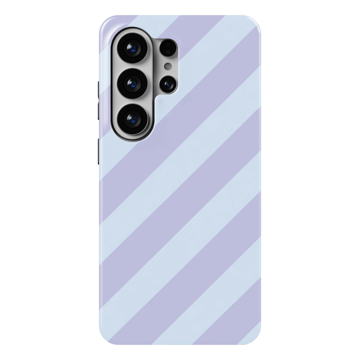 Lavender Lane Samsung Galaxy S26 Ultra case featuring clean diagonal stripes in pastel lavender, soft lilac and icy powder blue, a feminine minimalist Galaxy S26 Ultra tough phone case with preppy striped design for Samsung Galaxy S26, S26 Plus and S26 Ultra.