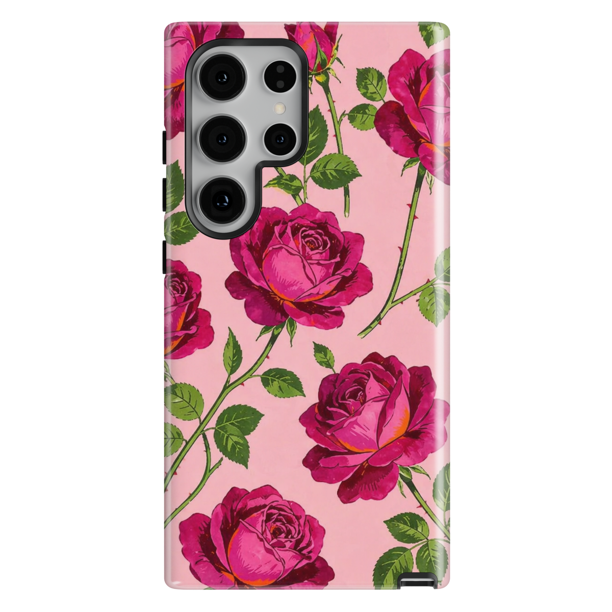 Pink rose floral Samsung Galaxy S26 Ultra case with vibrant rose pattern and soft pink background, protective aesthetic phone case.