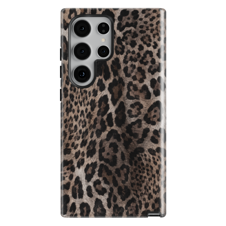 Smoky Leopard Samsung Galaxy case with realistic taupe, brown, charcoal and black leopard animal print.