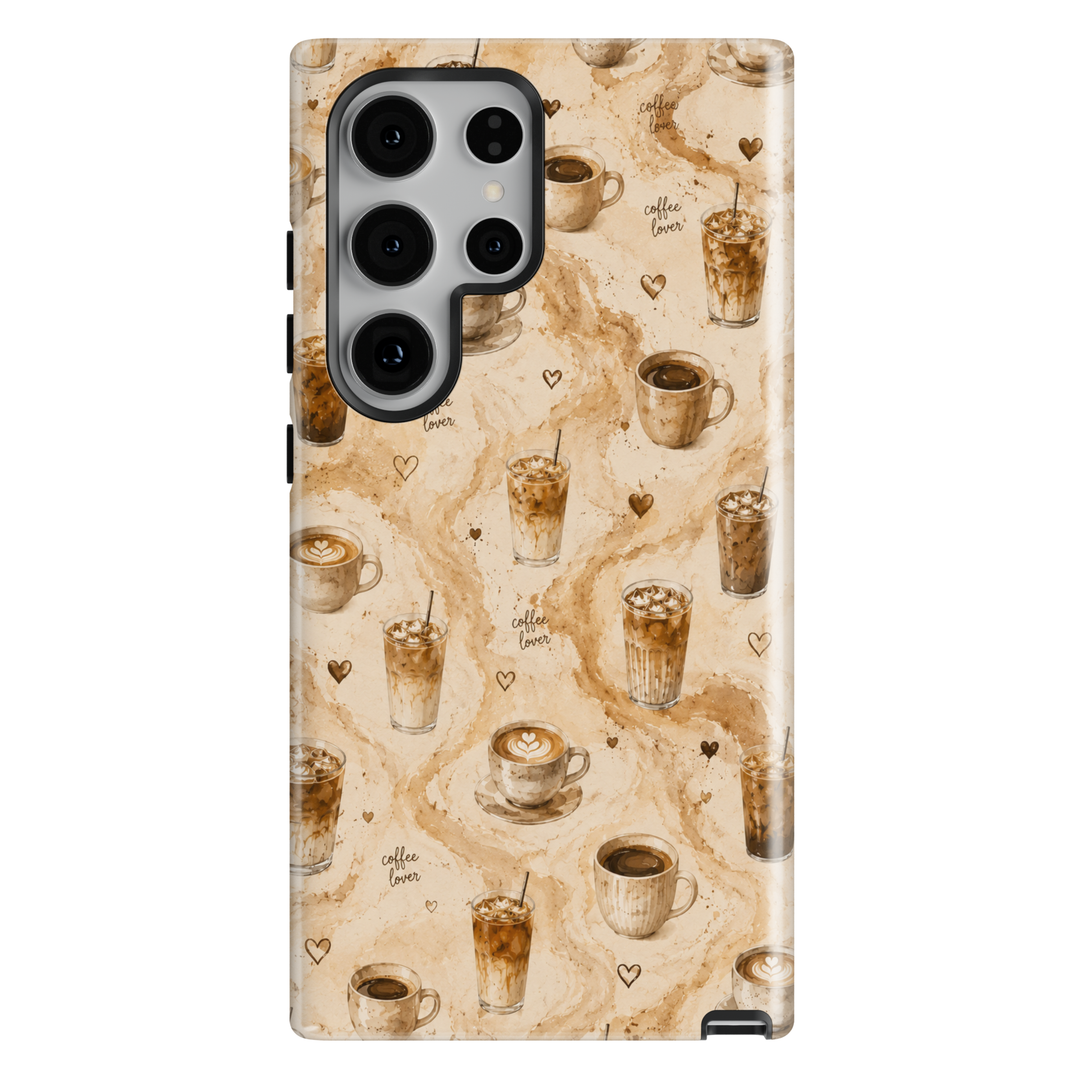 coffee Samsung Galaxy S26 Ultra phone case with personalized drink order, coffee beans, vintage cafe notes, and neutral coffee artwork.
