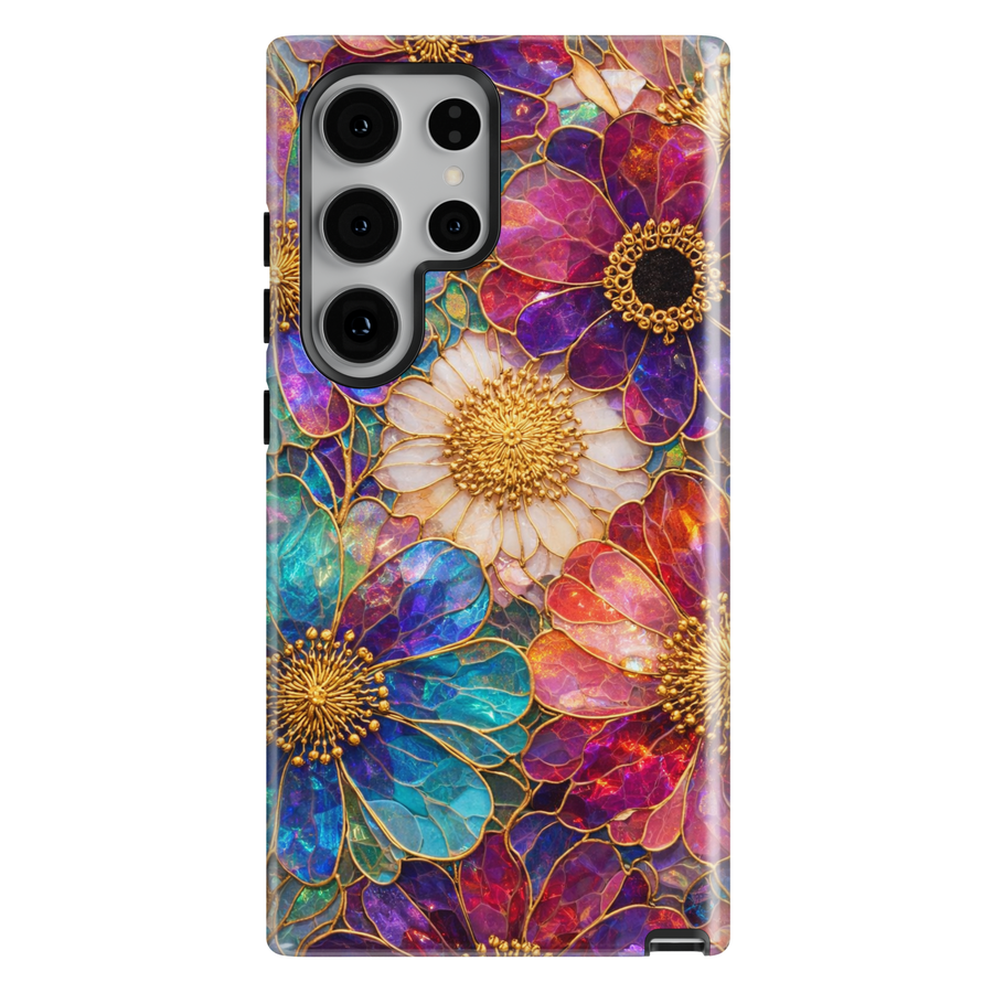 Luxury stained glass floral phone case with colorful petals on Samsung Galaxy