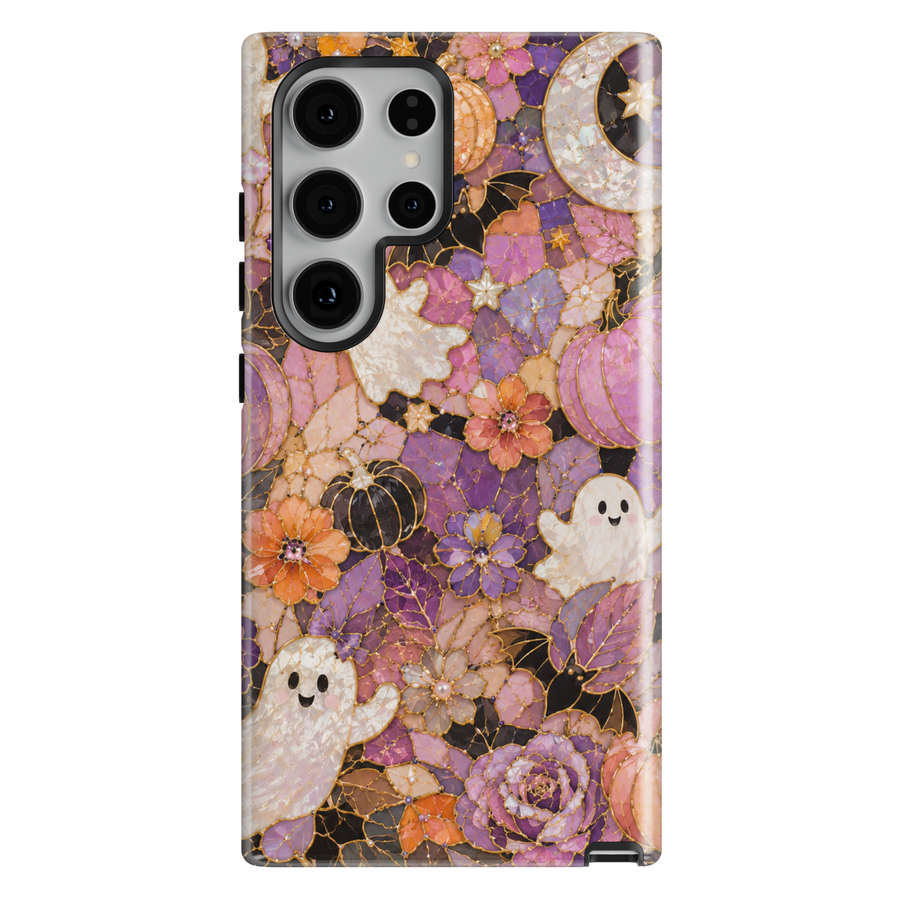 Floral Halloween Samsung Galaxy case featuring pearl ghosts, black bats, pumpkins, crescent moon and colorful stained glass flowers.
