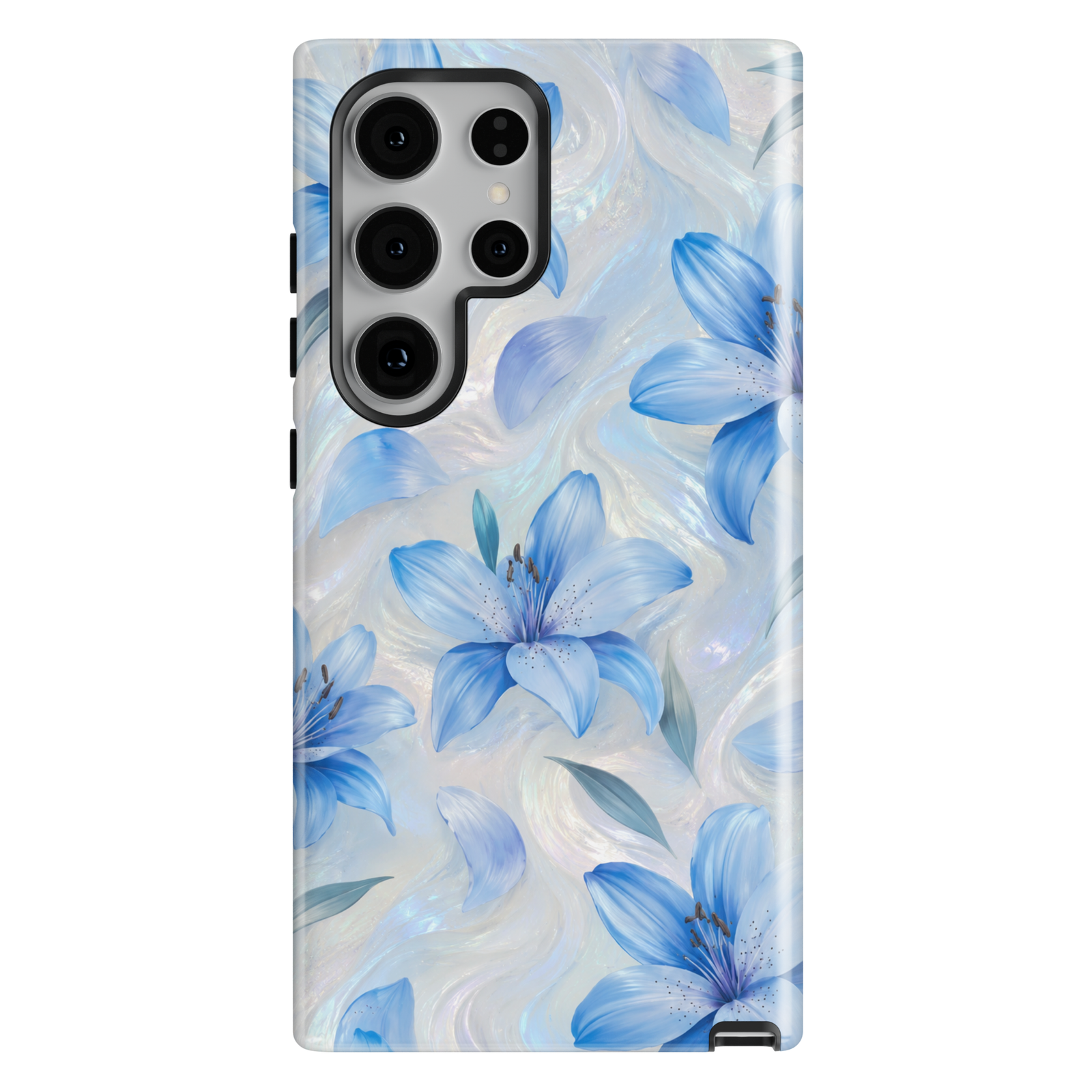 Elegant blue lily Samsung Galaxy phone case with pearl-inspired floral artwork and soft botanical details.