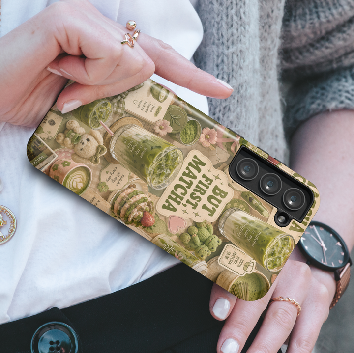 Cute Samsung Galaxy S26 Ultra case featuring matcha latte drinks, cafe desserts, and green tea aesthetic illustrations.