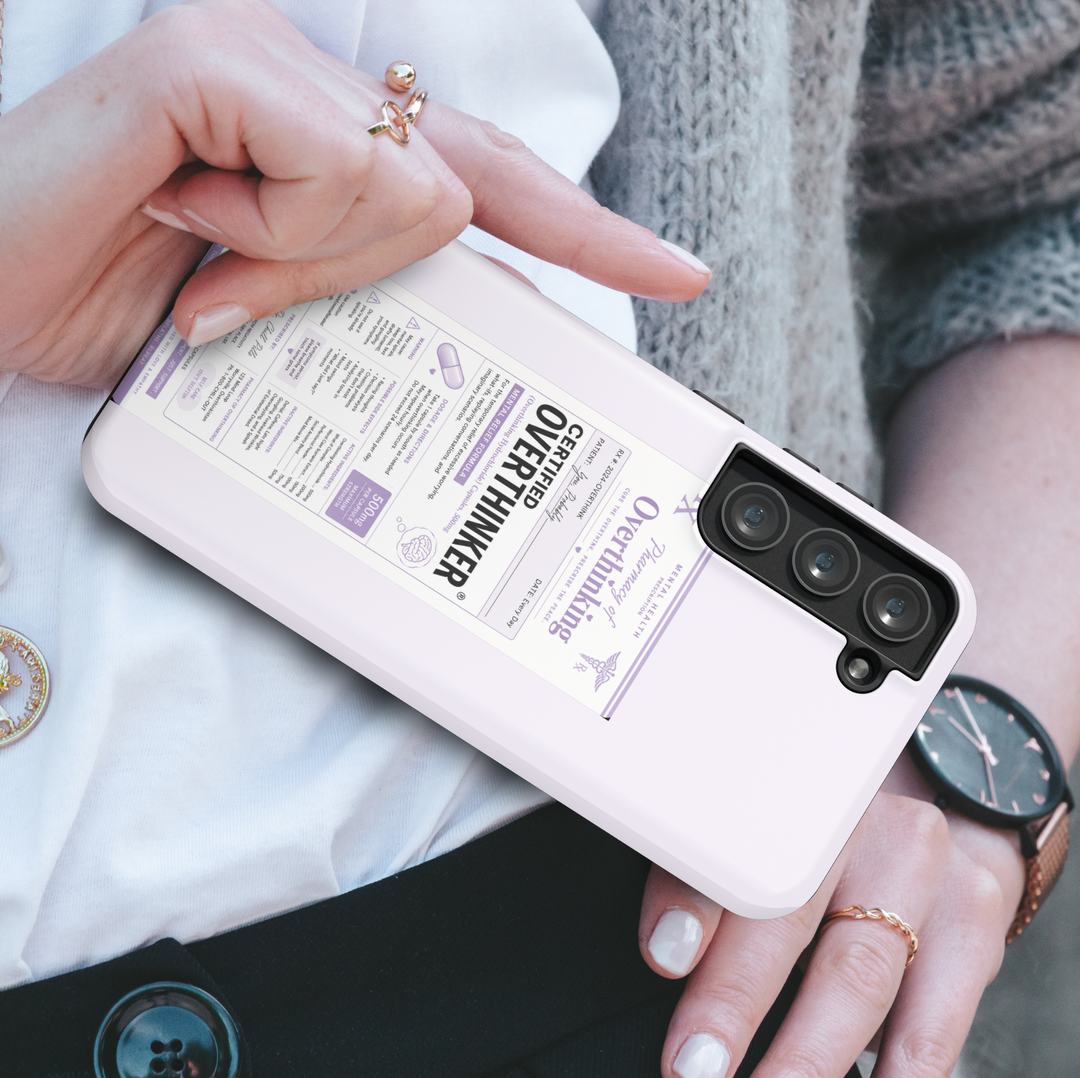 Funny lavender Samsung Galaxy case featuring a parody Certified Overthinker prescription label with humorous pharmacy-inspired artwork.