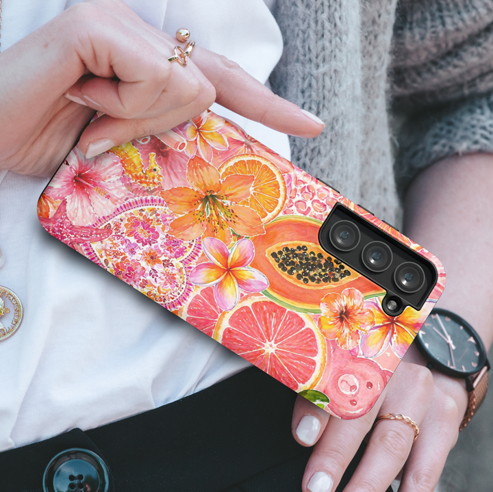 Tropical fruit floral Samsung Galaxy S26 Ultra case with papaya, citrus, hibiscus flowers and pink summer aesthetic protective case.