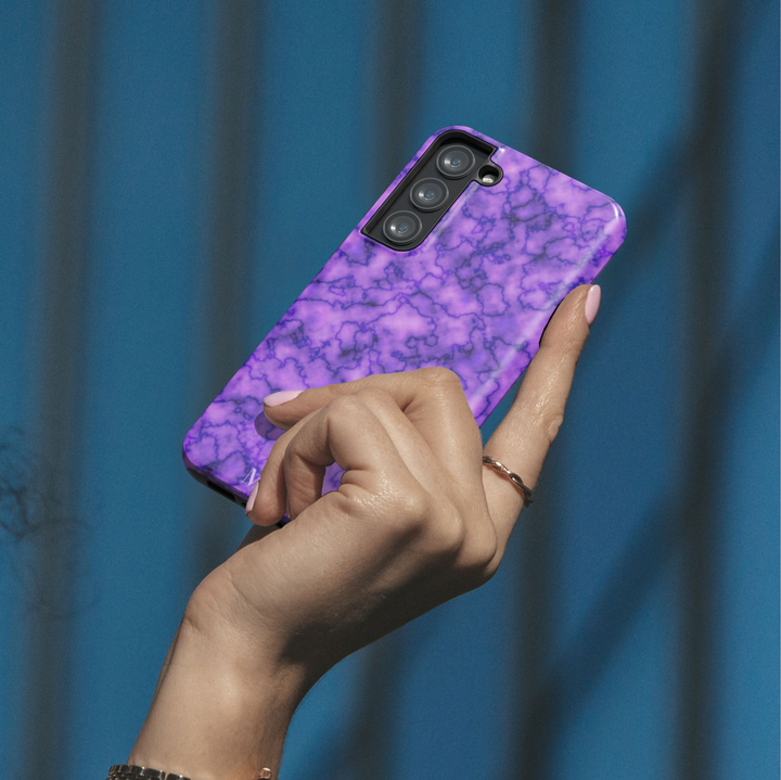 Personalized purple marble phone case with custom name Michelle, glossy lavender design for iPhone and Samsung Galaxy