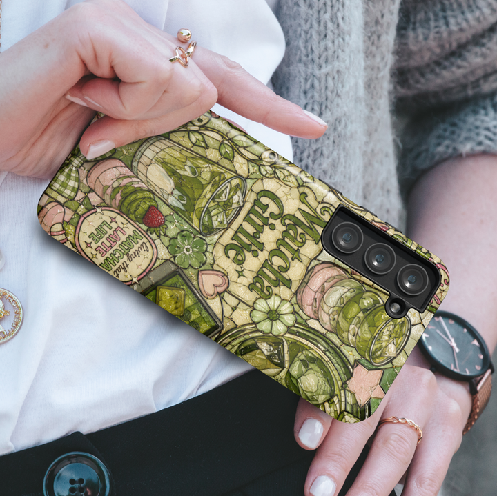 Cute Samsung Galaxy S26 Ultra case featuring matcha latte drinks, cafe desserts, and green tea aesthetic illustrations.