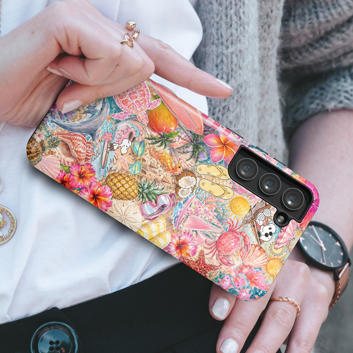 Summer beach Samsung Galaxy S26 Ultra case with tropical collage design featuring seashells, fruits, ocean and vibrant coastal elements.