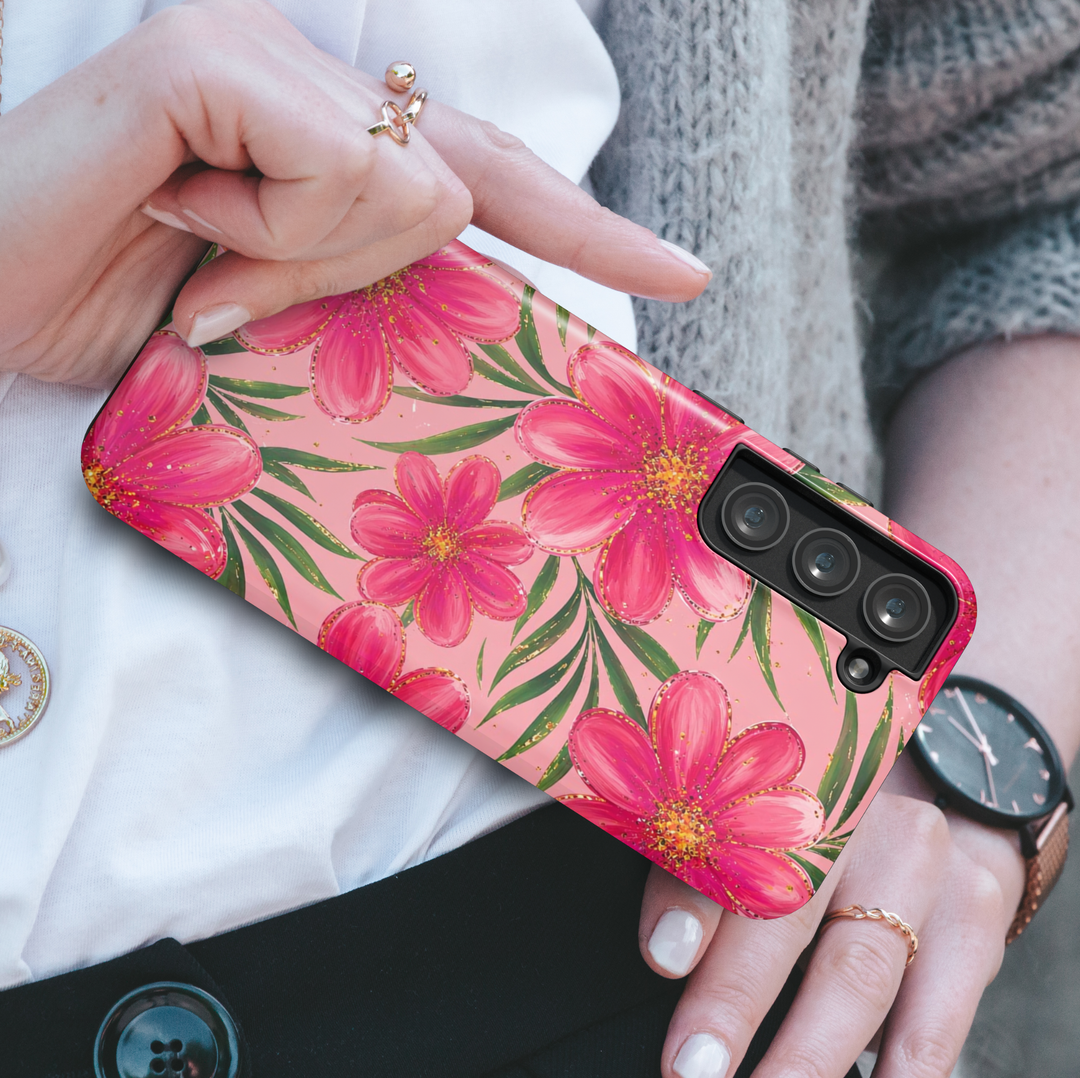 Pink floral Samsung Galaxy S26 Ultra case with bold hot pink flowers and green leaves on blush background, protective aesthetic phone case.