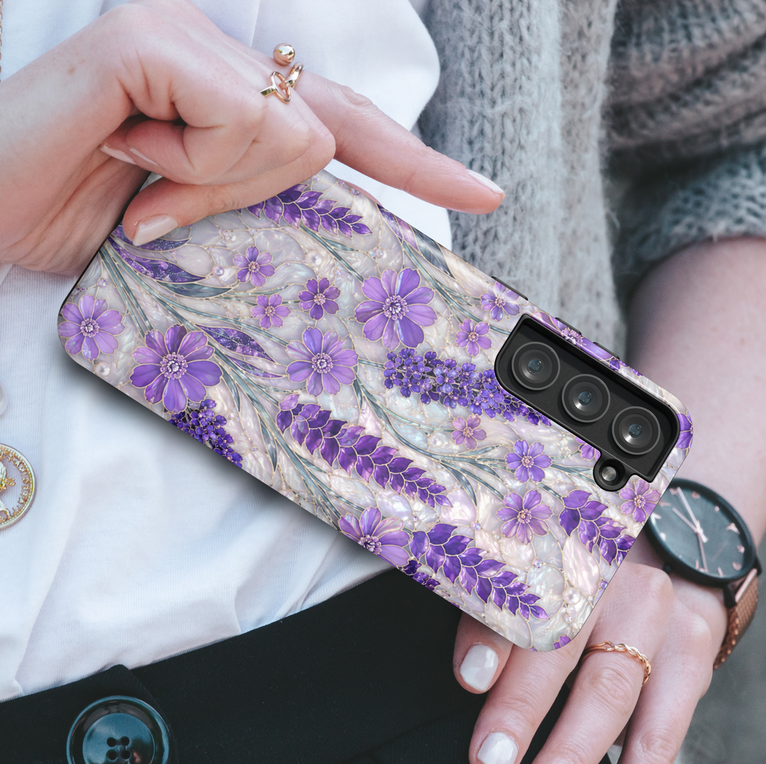 Purple lavender Samsung Galaxy case featuring lilac flowers, pearl accents, botanical artwork, and soft feminine floral design.