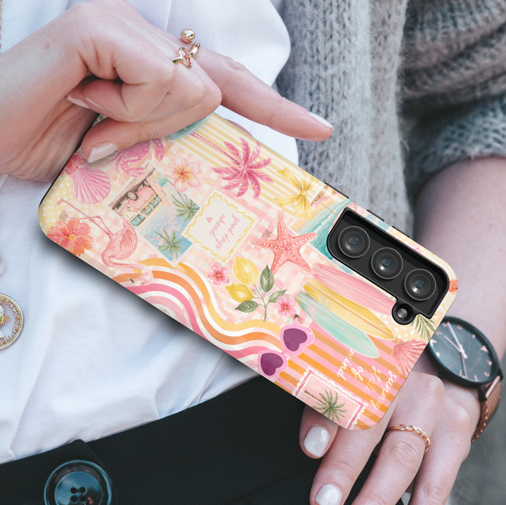 Pastel beach Samsung Galaxy S26 Ultra phone case with flamingos, tropical palms, seashells, and summer vacation aesthetic design.