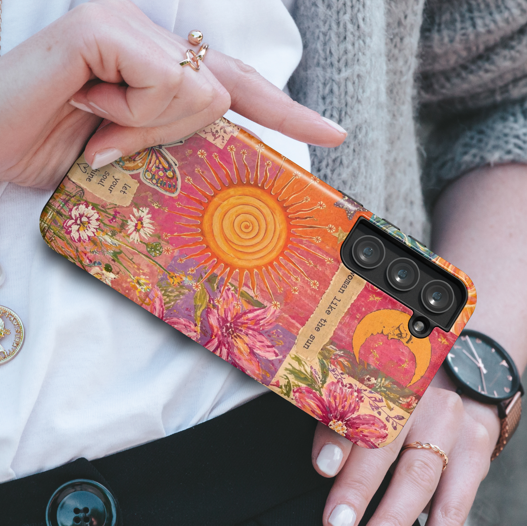 Boho sun floral Samsung Galaxy S26 Ultra case with collage art, bright sun, flowers and motivational text design.