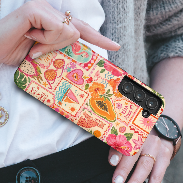 Pink tropical Samsung Galaxy S26 Ultra phone case with beach-inspired collage art, flamingos, fruits, flowers, and vacation vibes.