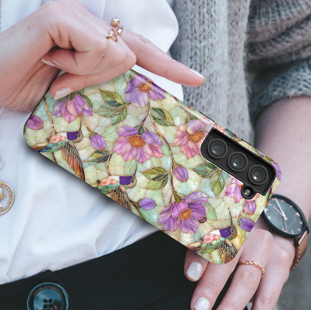 Luxury Samsung Galaxy phone case featuring hummingbirds, lavender flowers, pastel botanical artwork, and elegant gold detailing.