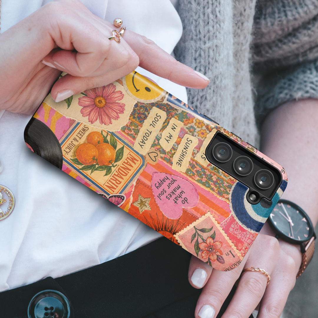 Vintage collage Samsung Galaxy S26 Ultra case with sticker art, flowers, smiley face and positive quote design.