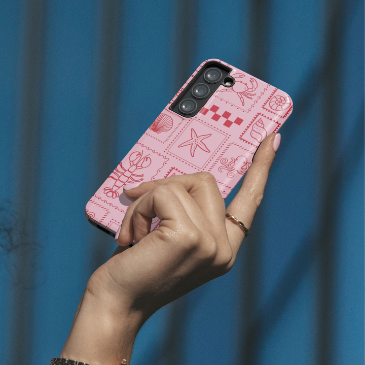 Samsung Galaxy Case with Red Sea Life Stamps – Pink Coastal Nautical Design