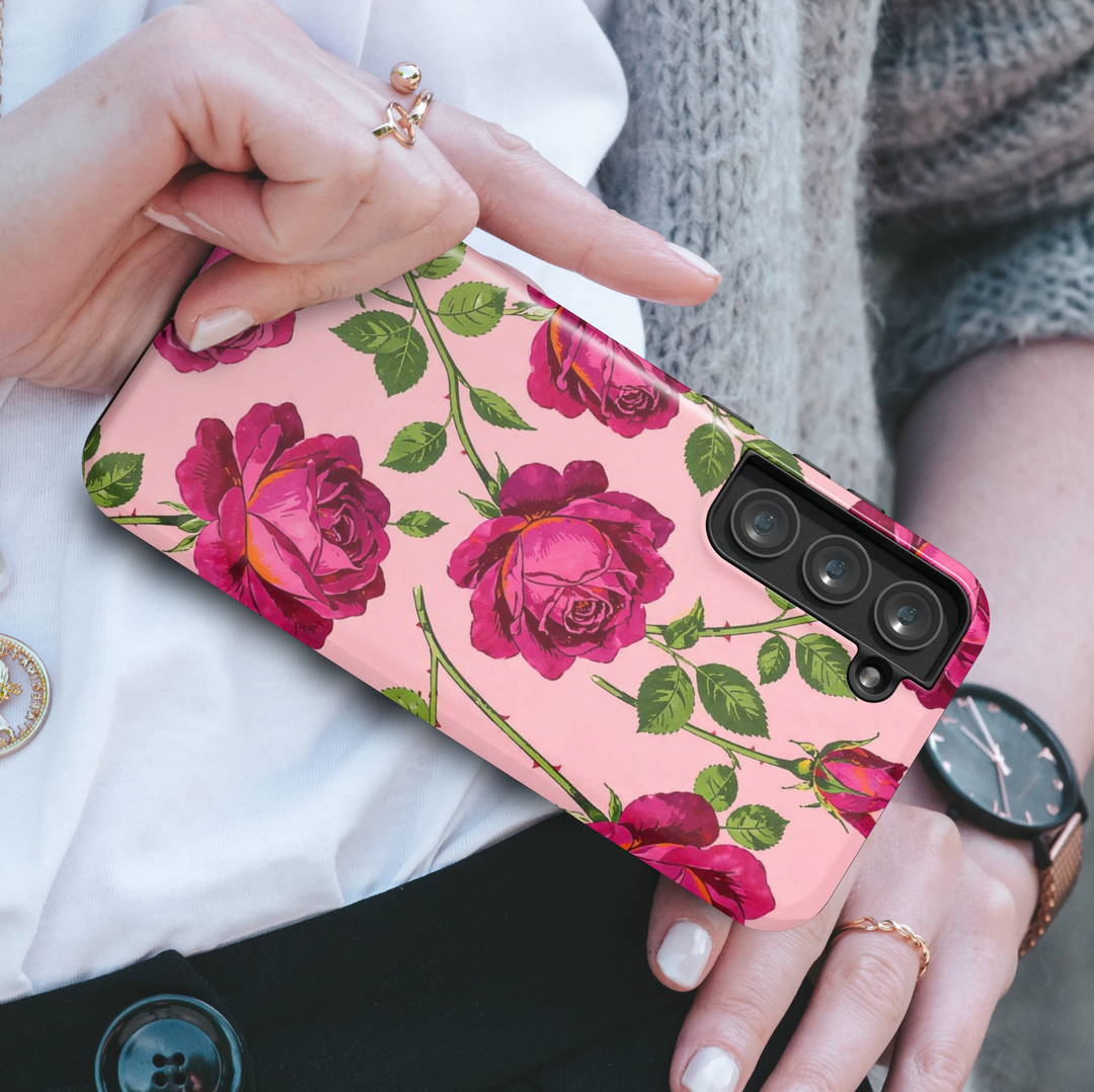Pink rose floral Samsung Galaxy S26 Ultra case with vibrant rose pattern and soft pink background, protective aesthetic phone case.