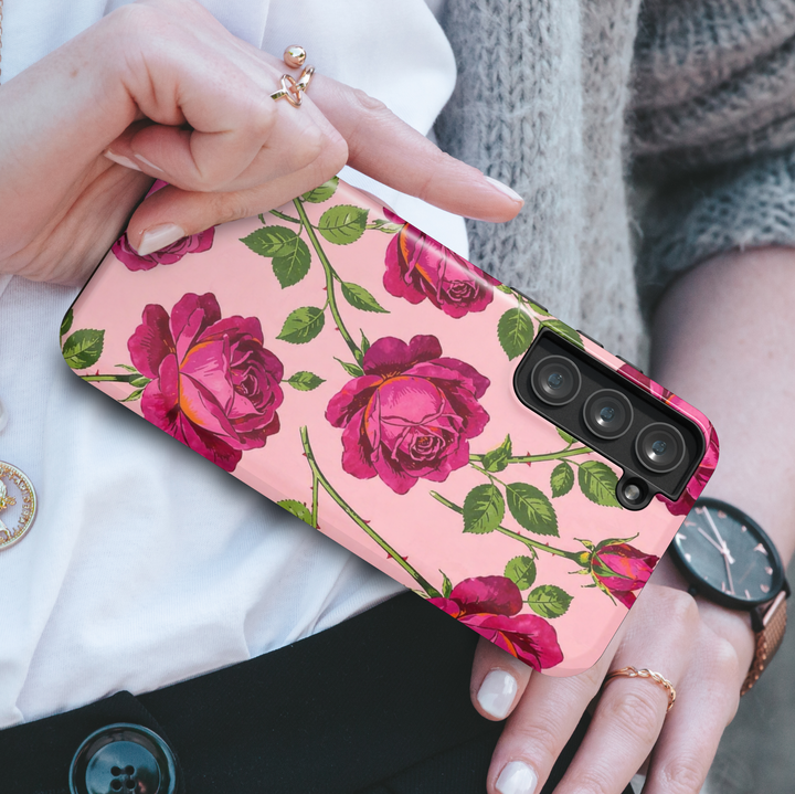 Pink rose floral Samsung Galaxy S26 Ultra case with vibrant rose pattern and soft pink background, protective aesthetic phone case.