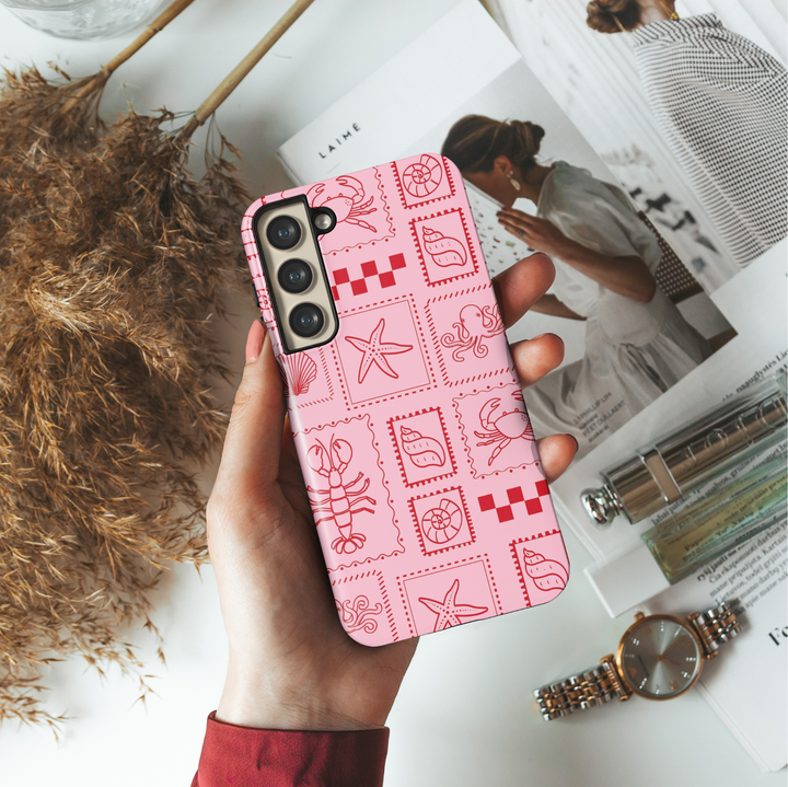 Samsung Galaxy Case with Red Sea Life Stamps – Pink Coastal Nautical Design