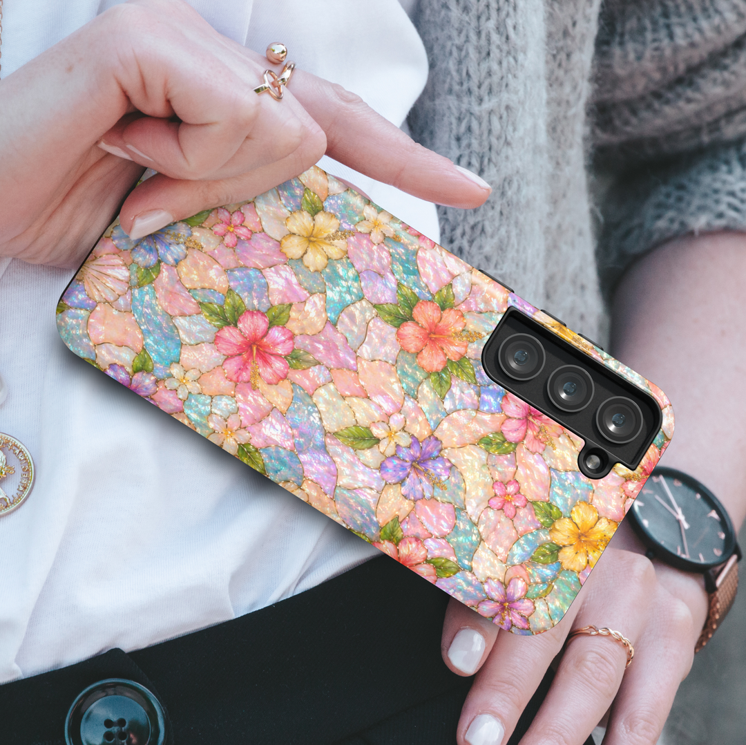 Pastel floral Samsung Galaxy S26 Ultra case with iridescent finish and colorful flower pattern, protective phone case.