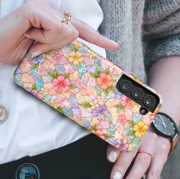 Pastel floral Samsung Galaxy S26 Ultra case with iridescent finish and colorful flower pattern, protective phone case.