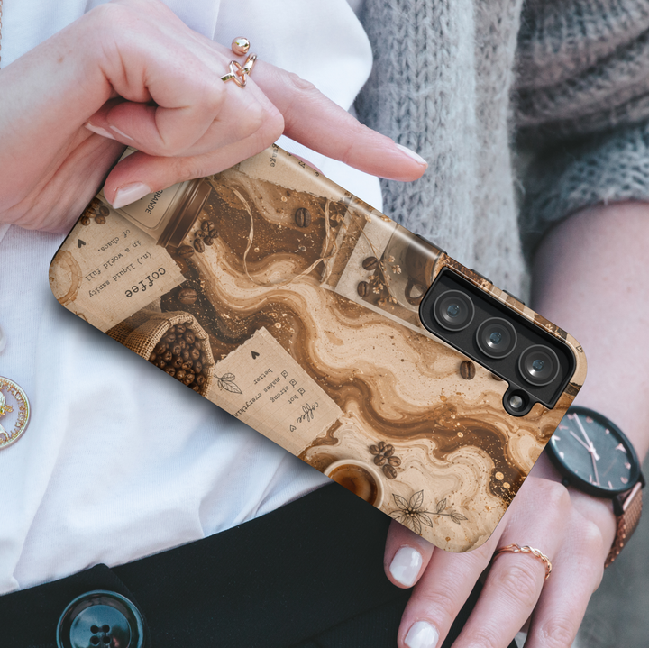 Custom coffee Samsung Galaxy S26 Ultra phone case with personalized drink order, coffee beans, vintage cafe notes, and neutral coffee artwork.