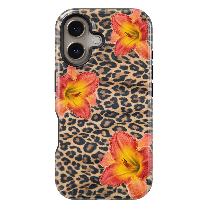 MagSafe iPhone 16 Pro Max case with leopard print and tropical flower design – protective wild aesthetic case for iPhone 15 Pro and iPhone 16e