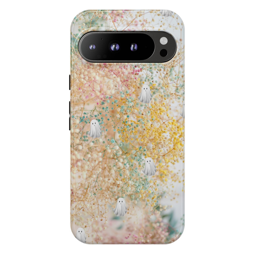 Google Pixel 9 Pro Tough Case with Pastel Baby’s Breath Flowers and Small White Ghosts – Spooky Cute Aesthetic