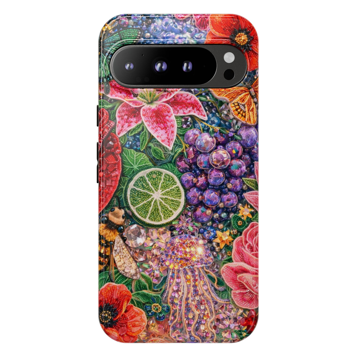 Colorful jeweled floral Google Pixel 10 Pro case with gemstone flowers grapes citrus and jellyfish botanical design protective tough case compatible with Pixel 10 Pro Pixel 9 Pro and Pixel 8 Pro vibrant botanical aesthetic phone cover.