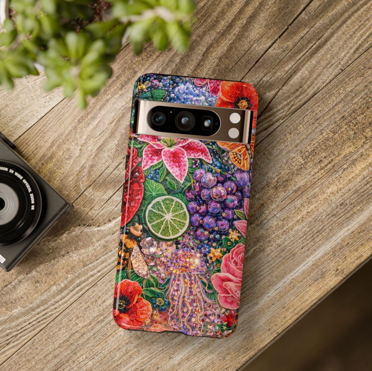 Colorful jeweled floral Google Pixel 10 Pro case with gemstone flowers grapes citrus and jellyfish botanical design protective tough case compatible with Pixel 10 Pro Pixel 9 Pro and Pixel 8 Pro vibrant botanical aesthetic phone cover.