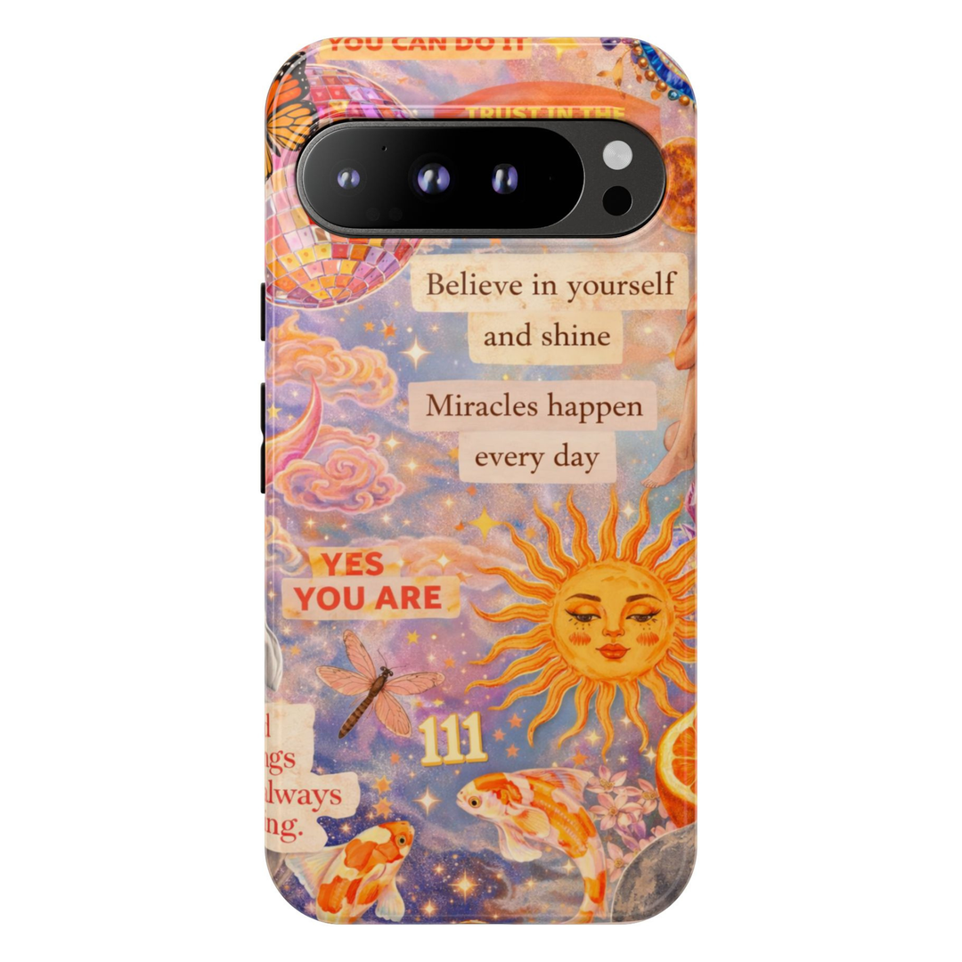 Manifestation quote Google Pixel 10 Pro case with celestial sun stars and motivational affirmations protective tough case compatible with Pixel 10 Pro Pixel 9 Pro and Pixel 8 Pro positive energy aesthetic phone cover.