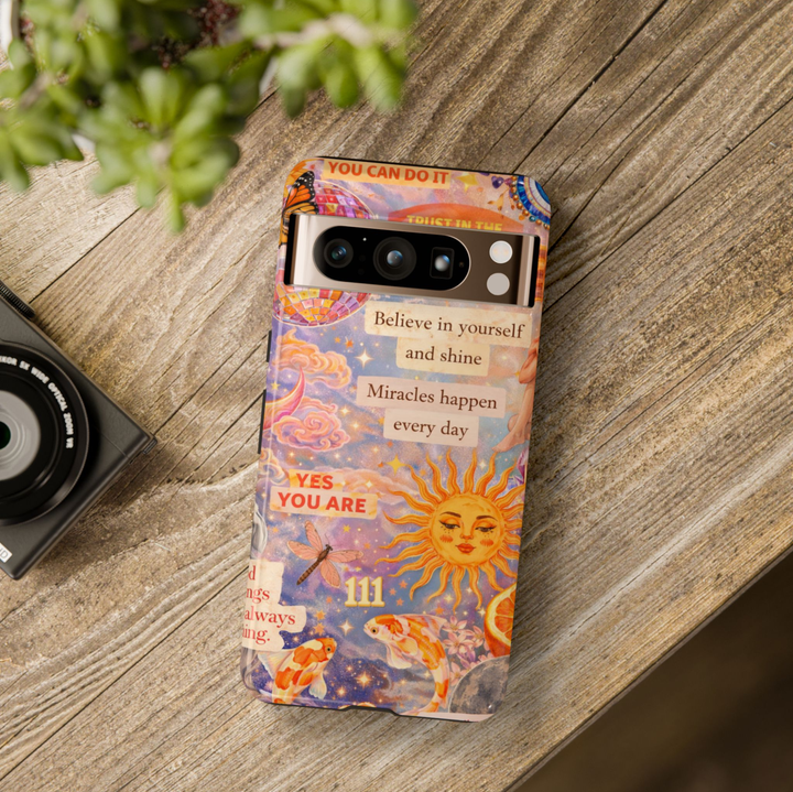 Manifestation quote Google Pixel 10 Pro case with celestial sun stars and motivational affirmations protective tough case compatible with Pixel 10 Pro Pixel 9 Pro and Pixel 8 Pro positive energy aesthetic phone cover.