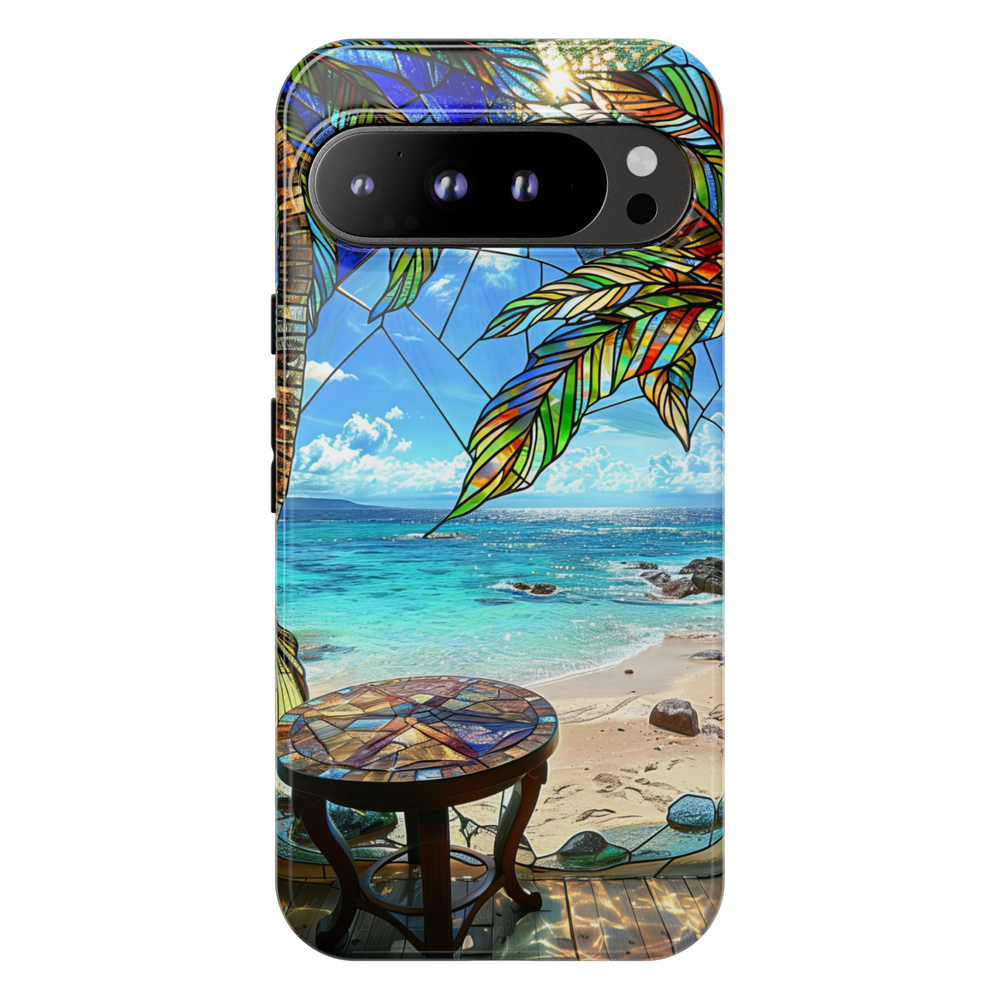 Tropical beach Google Pixel 10 Pro case with ocean paradise landscape and colorful palm leaves protective tough case compatible with Pixel 10 Pro Pixel 9 Pro and Pixel 8 Pro coastal vacation aesthetic phone cover.