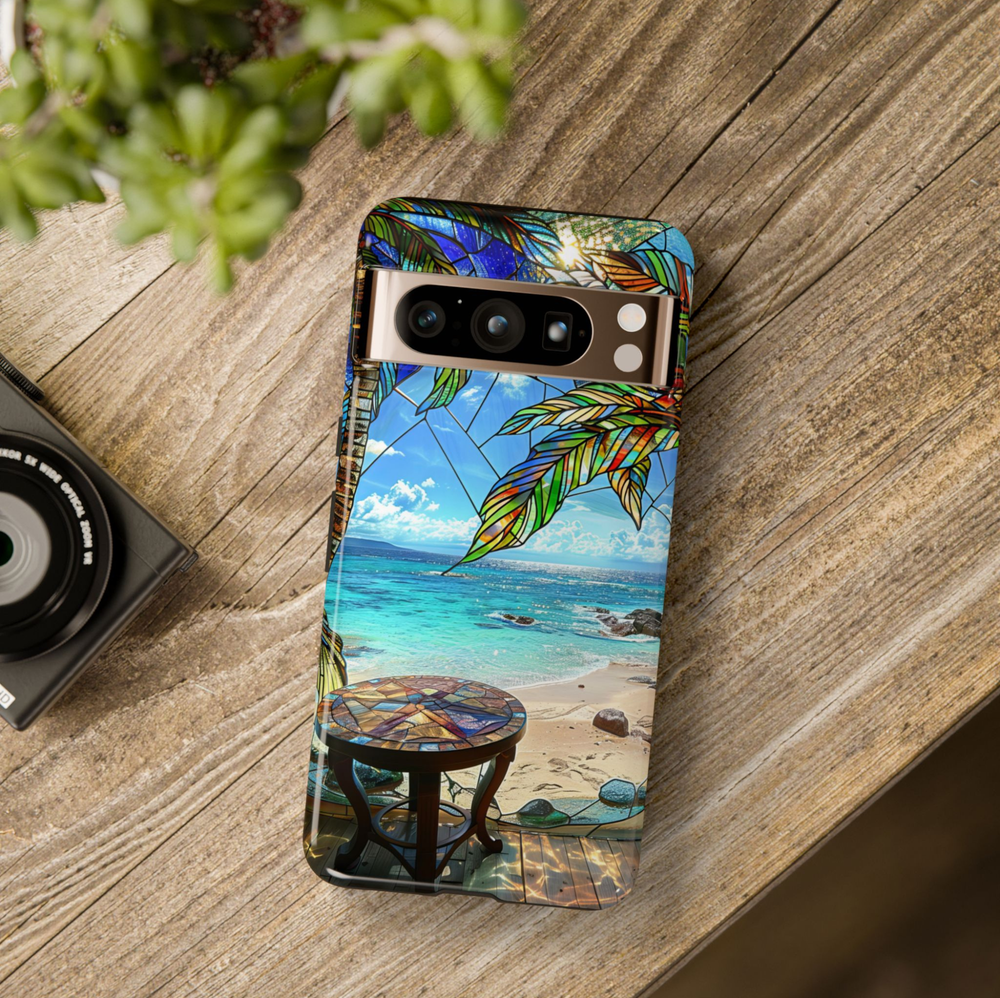 Tropical beach Google Pixel 10 Pro case with ocean paradise landscape and colorful palm leaves protective tough case compatible with Pixel 10 Pro Pixel 9 Pro and Pixel 8 Pro coastal vacation aesthetic phone cover.