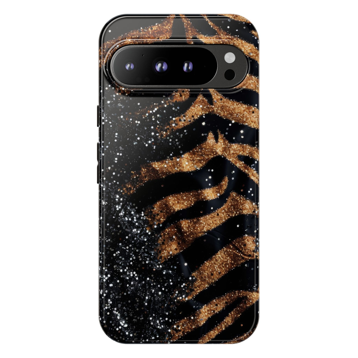 Gold zebra Google Pixel 10 Pro case with black glitter animal print design protective tough case compatible with Pixel 10 Pro Pixel 9 Pro and Pixel 8 Pro luxury safari aesthetic phone cover.