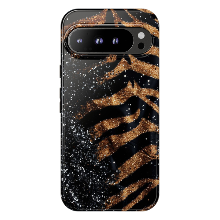 Gold zebra Google Pixel 10 Pro case with black glitter animal print design protective tough case compatible with Pixel 10 Pro Pixel 9 Pro and Pixel 8 Pro luxury safari aesthetic phone cover.